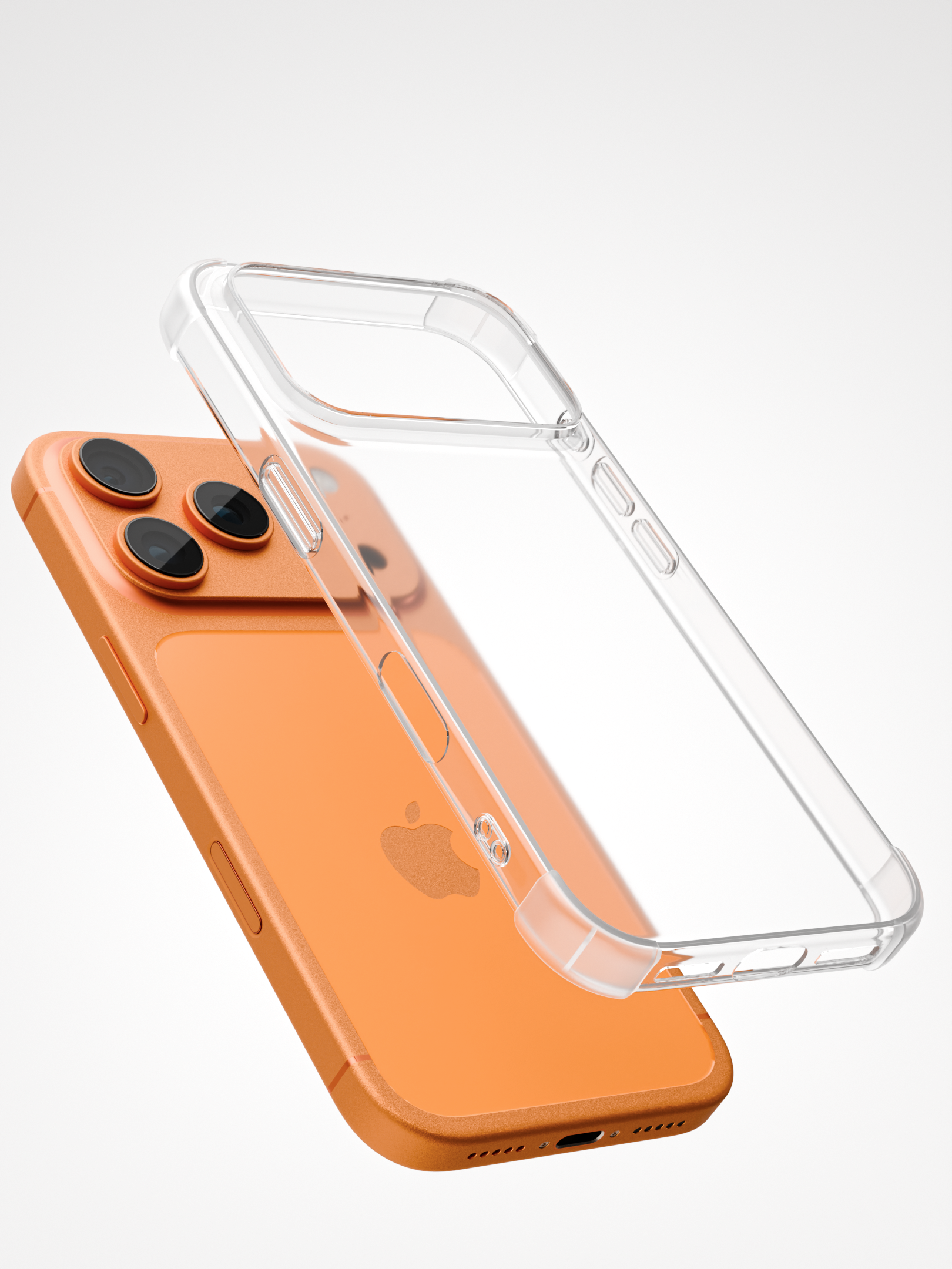 3D-анимация чехла для iPhone 18 — вращение на белом фоне рядом со смартфоном для карточки маркетплейса