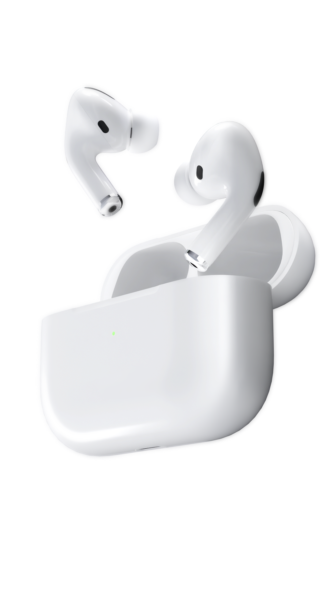 3D-рендер наушников AirPods — вид сбоку на белом фоне, наушники извлечены