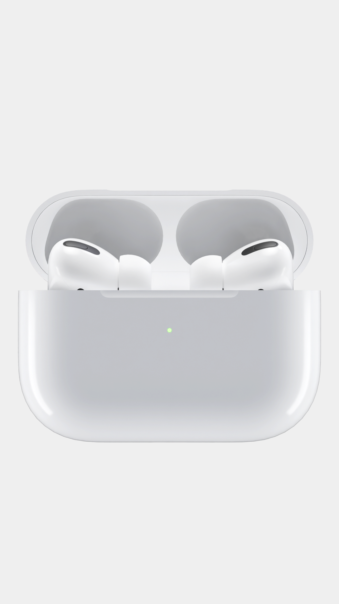 3D-рендер наушников AirPods — вид спереди, кейс открыт