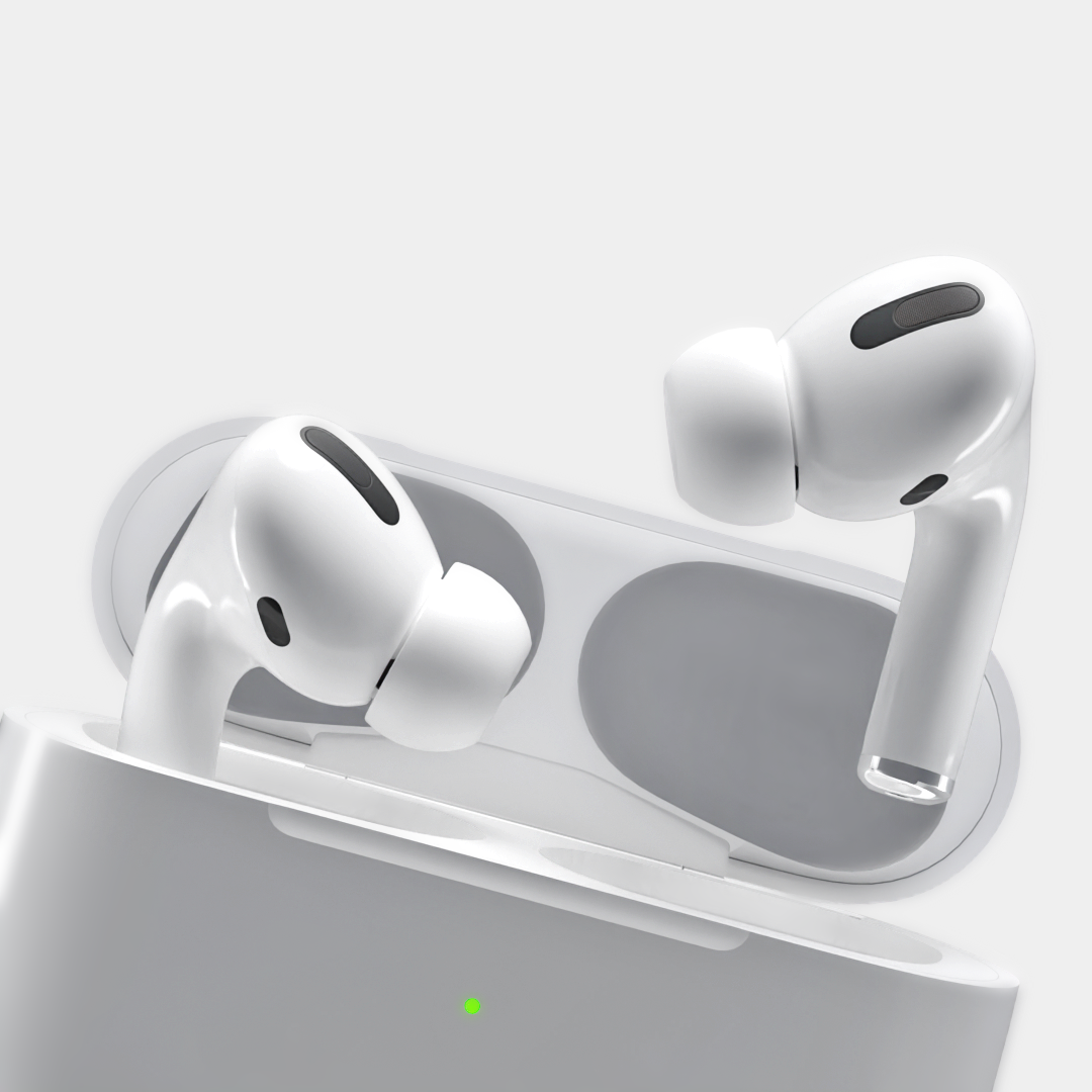 3D рендер наушников Airpods на белом фоне с открытым кейсом